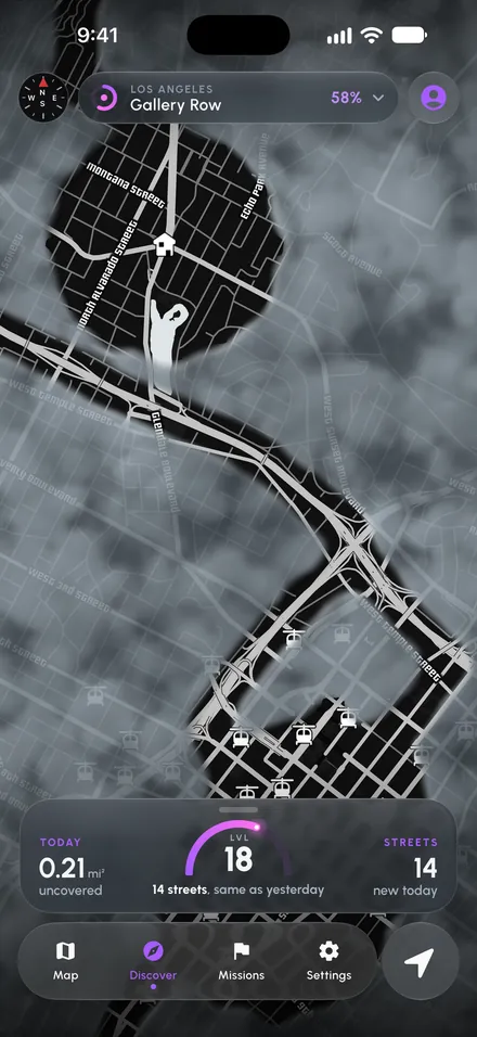 Mapside Discover view of downtown Los Angeles under fog, with level 18 and 14 new streets today