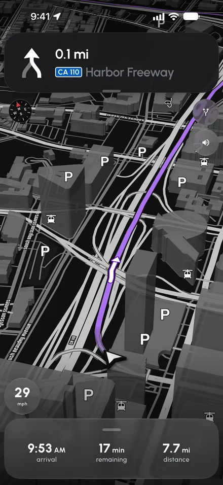Mapside guiding onto the Harbor Freeway in the 3D driving view